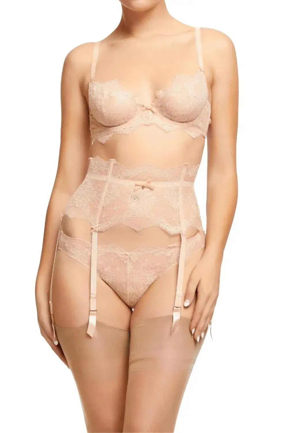 Dita Von Teese Lurex Lace High Waisted Suspender Belt in Vintage Peach with matching lingerie set.