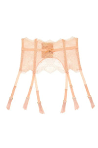 Vintage Peach Lurex Lace High Waisted Suspender Belt with velvet trim and crystal detail.