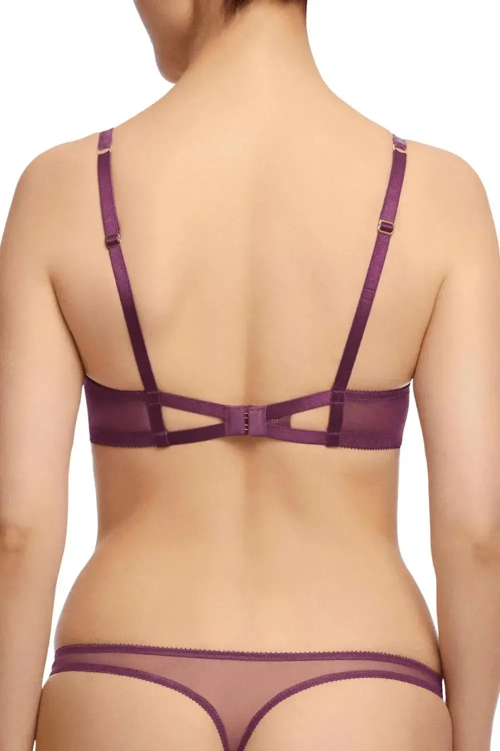 Exquisite Amethyst Lurex Lace Unlined Bra with velvet trim, crystal detail, and cutout back band.
