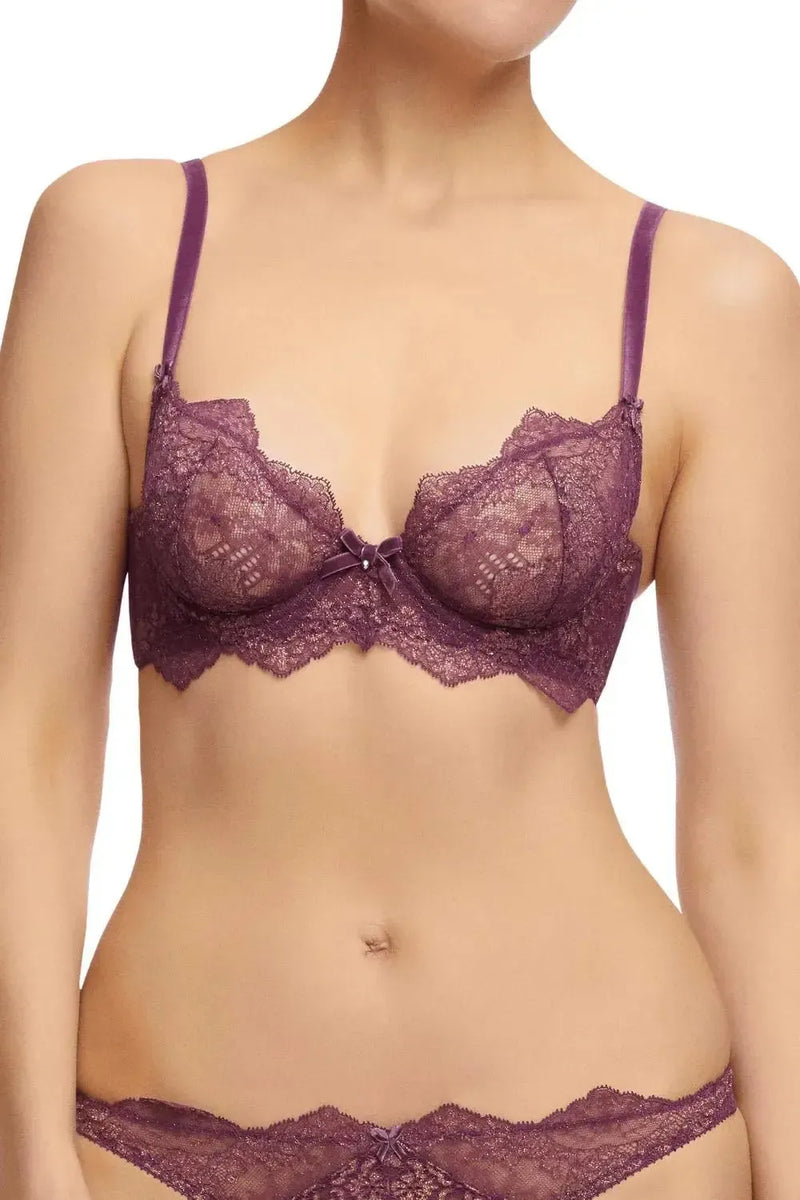 Exquisite Amethyst Lurex Lace Unlined Bra with velvet trim and crystal detail, offering elegant shimmer.