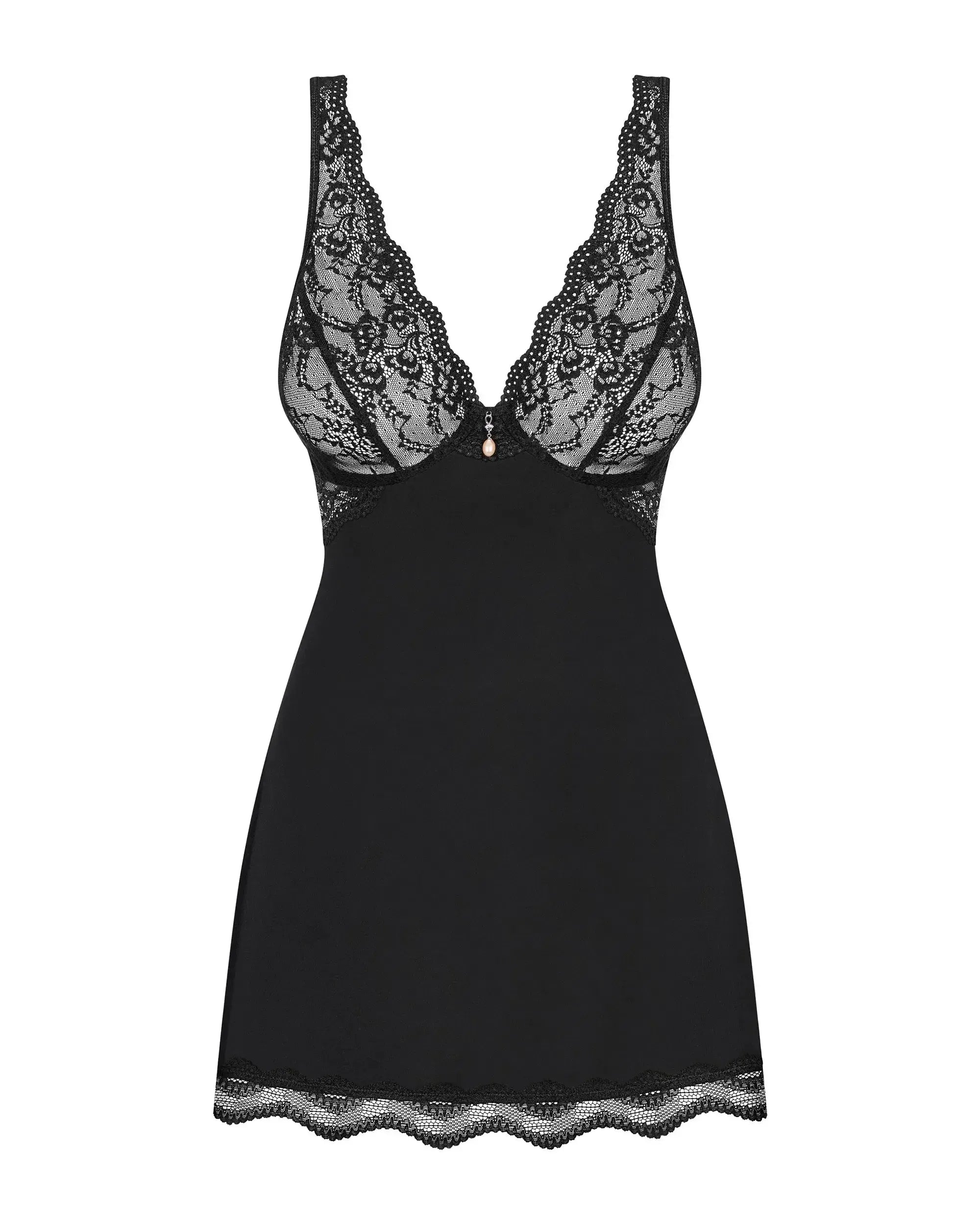 Obsessive Luvae black babydoll with lace underwire bra, pearl detail, and delicate multi-stretch materials.