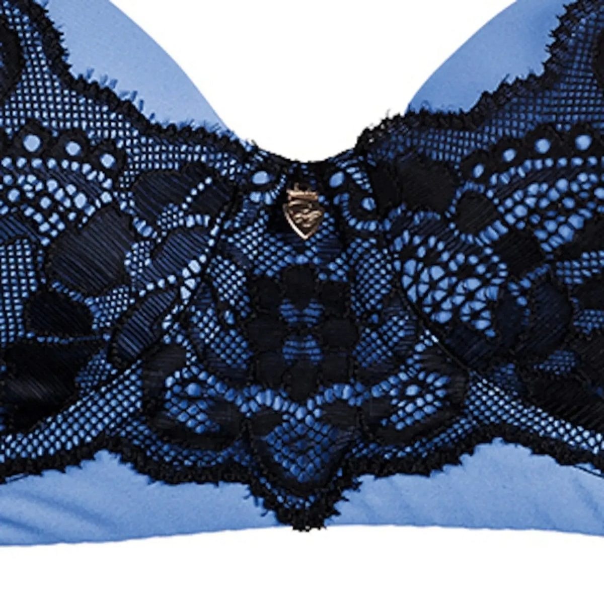 Luxurious Mademoiselle Balconette Bra Skyfall with gorgeous black lace overlaying sky blue underwire cups.