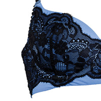Mademoiselle Balconette Bra Skyfall: luxurious sky blue cups with gorgeous black lace overlay.