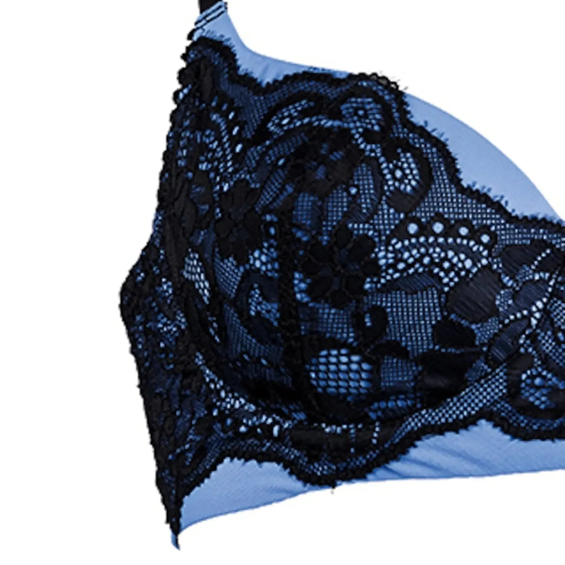 Mademoiselle Balconette Bra Skyfall: luxurious sky blue cups with gorgeous black lace overlay.