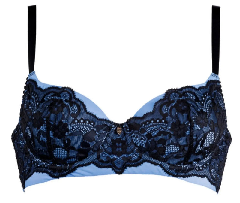 Luxurious Mademoiselle Balconette Bra Skyfall with gorgeous black lace overlaying sky blue cups.