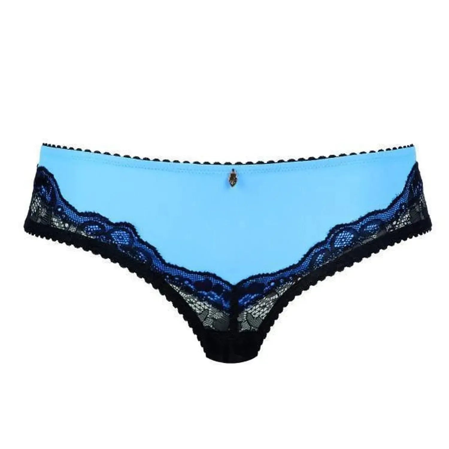 Luxurious Skyfall lace bikini panty in vibrant blue with delicate black lace trim and tiny gold charm.
