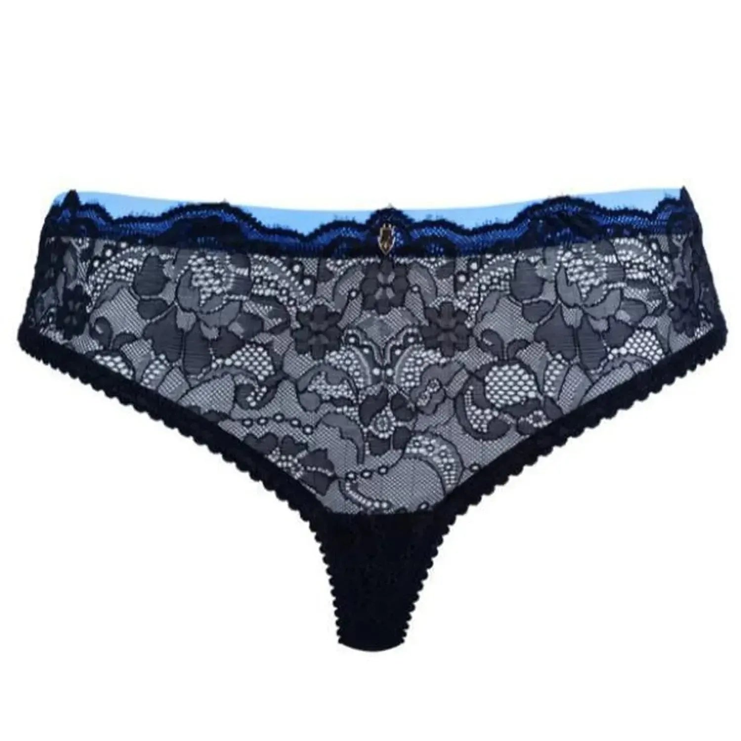 Mademoiselle Lace Thong Panty Skyfall: luxurious black lace with blue trim and delicate gem detail.