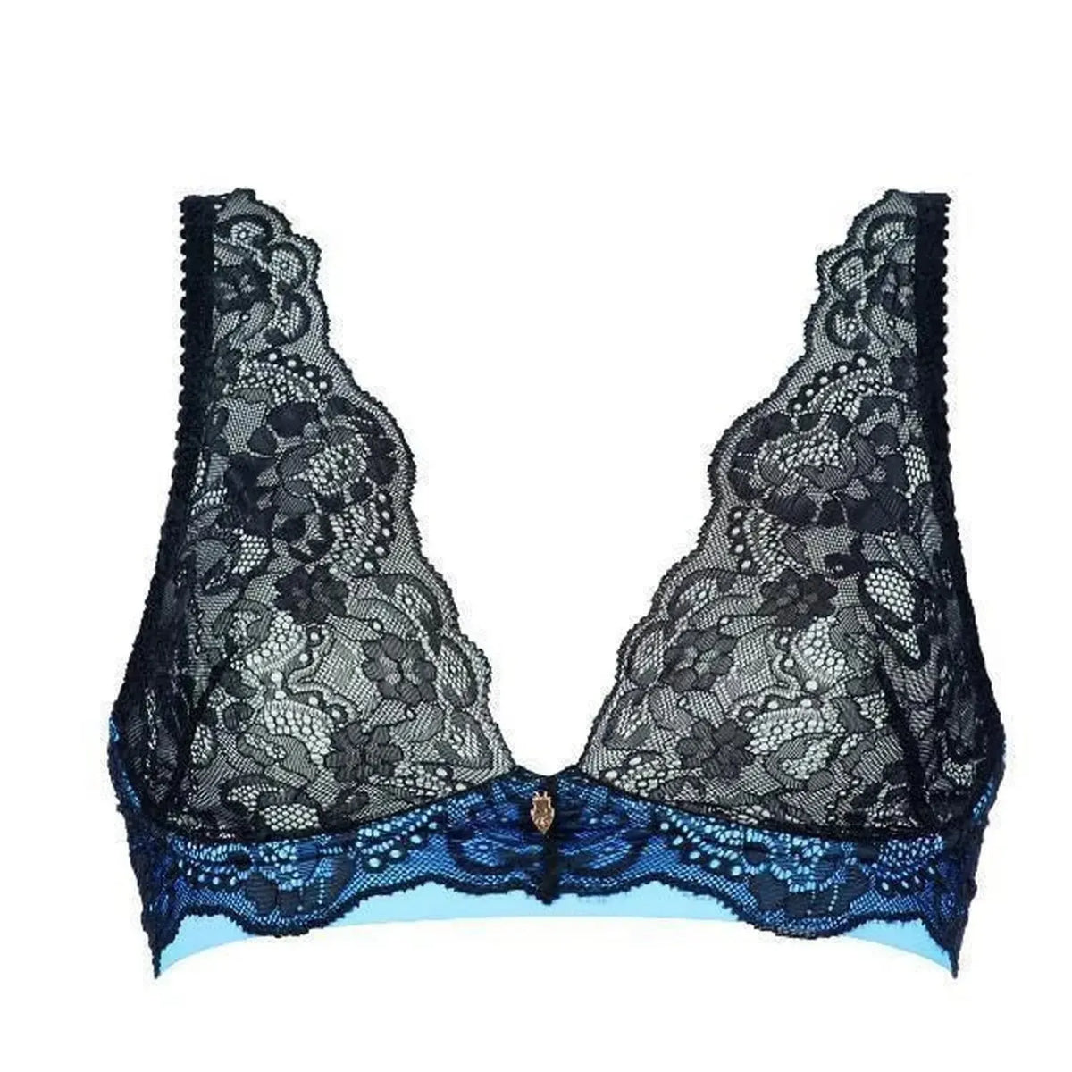 Luxurious Mademoiselle Lace Triangle Bra Skyfall, featuring black floral lace over blue, wirefree comfort.
