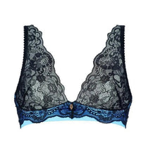 Luxurious Mademoiselle Lace Triangle Bra Skyfall, featuring black floral lace over blue, wirefree comfort.