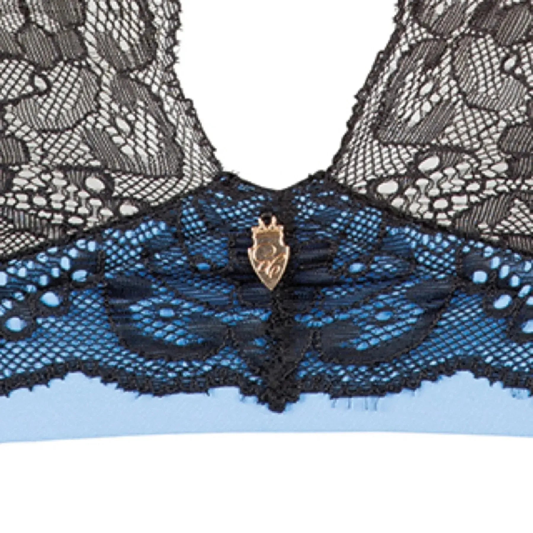 Luxurious Mademoiselle Lace Triangle Bra Skyfall with black lace, blue fabric, and gold charm.