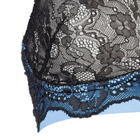 Luxurious Mademoiselle Lace Triangle Bra Skyfall, featuring intricate black lace over soft blue fabric.