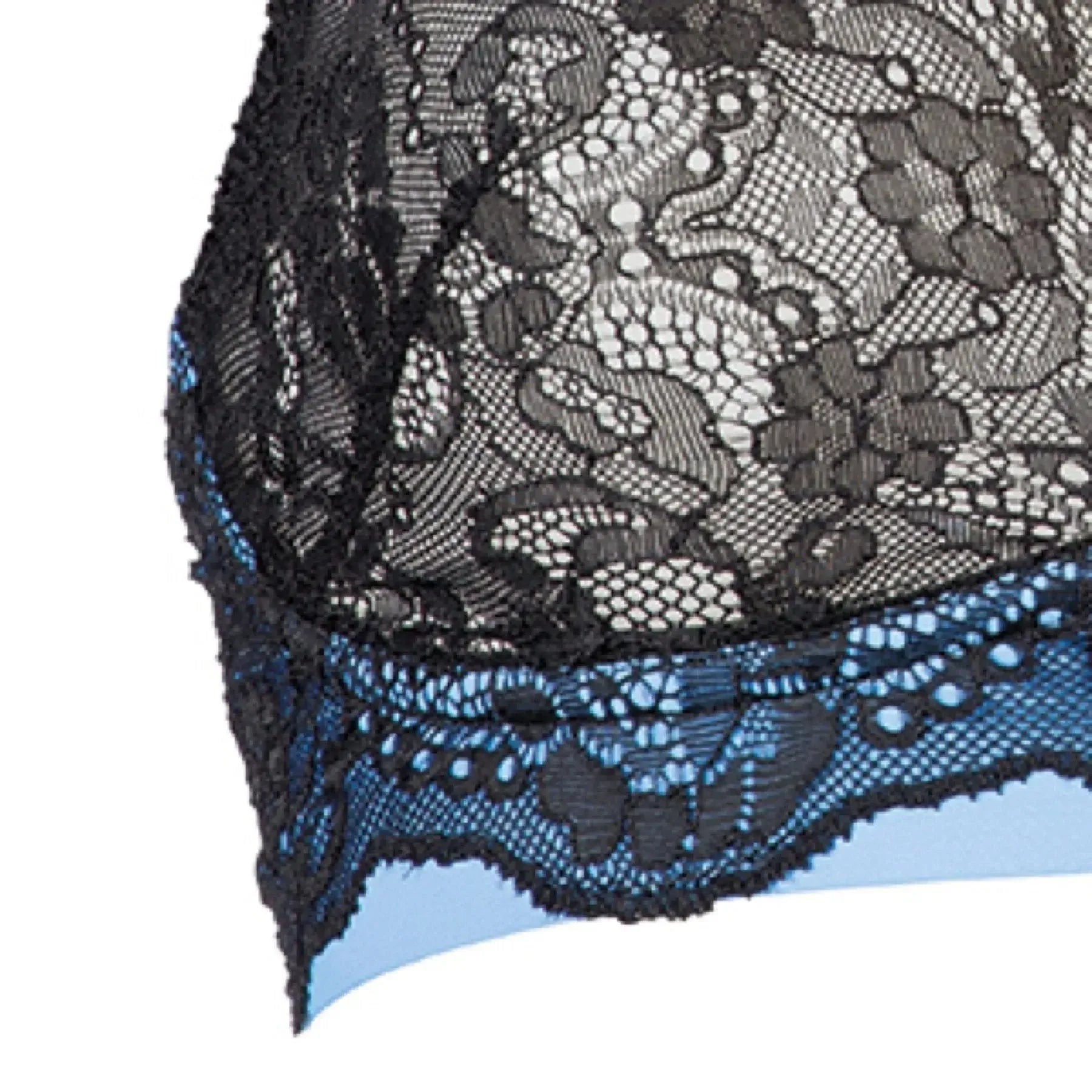 Luxurious Mademoiselle Lace Triangle Bra Skyfall, featuring intricate black lace over soft blue fabric.