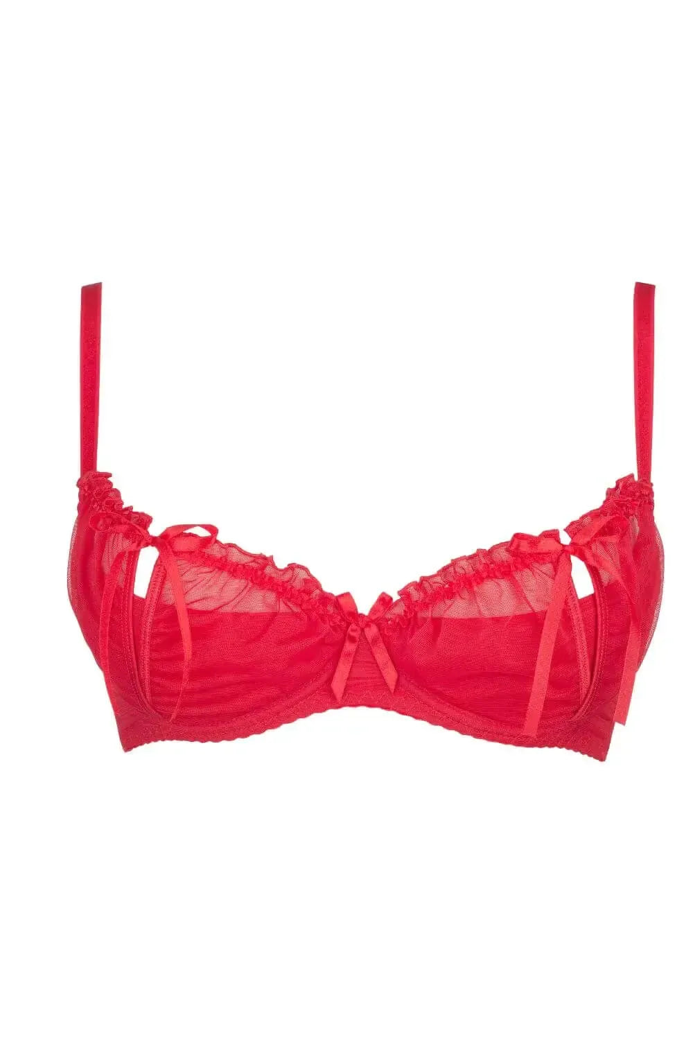 Sensual magenta quarter cup shelf bra with exciting slits, delicate ruffles, and sheer tulle.