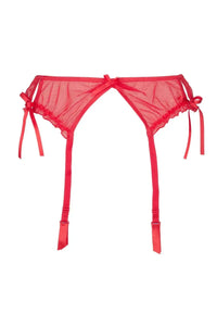 Fiery red sheer tulle garter belt with delicate frills and charming bows.