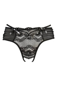 Black Axami Magnetic Ouvert Bikini briefs with openwork lace, delicate strips, and white bows.