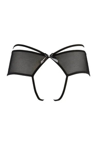 Axami Magnetic Ouvert Bikini: black, fancy open-bottom briefs with subtle lace, delicate strips, and a front bow.
