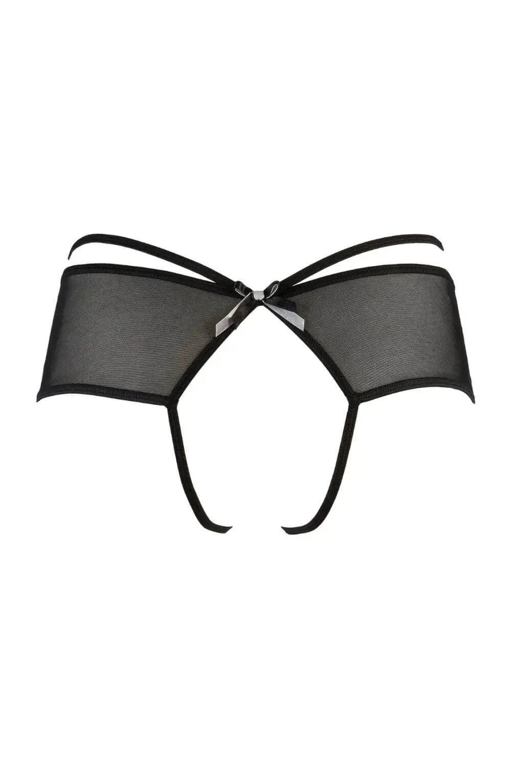 Axami Magnetic Ouvert Bikini: black, fancy open-bottom briefs with subtle lace, delicate strips, and a front bow.