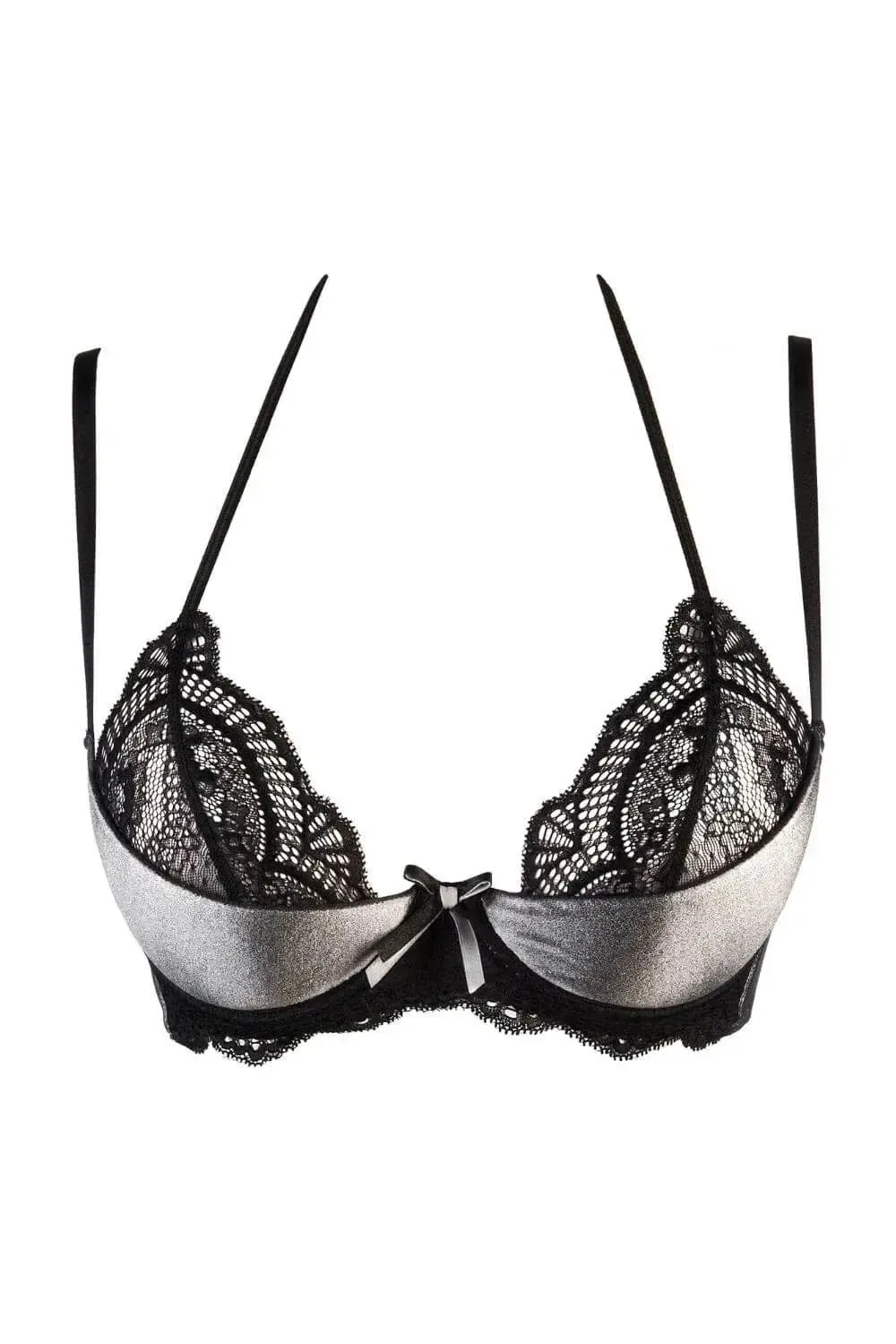 Dazzling Axami Magnetic Quarter Cup Bra with silver gloss fabric, black lace, and elegant bows.