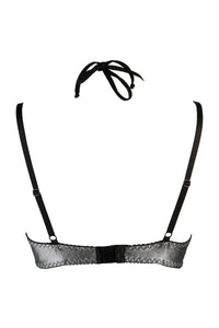 Dazzling Axami Magnetic Quarter Cup Bra with silver gloss fabric, black straps, and elegant bow detail.