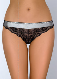 Axami Magnetism Brazilian Panty: silver band, black scalloped lace, seductive styling.