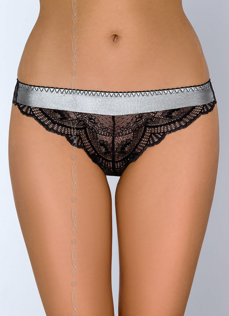 Axami Magnetism Brazilian Panty: silver band, black scalloped lace, seductive styling.