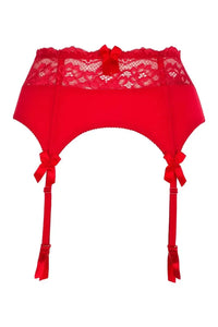 Elegant red lace Maisa garter belt with adjustable straps and charming bows, emphasizing hips.