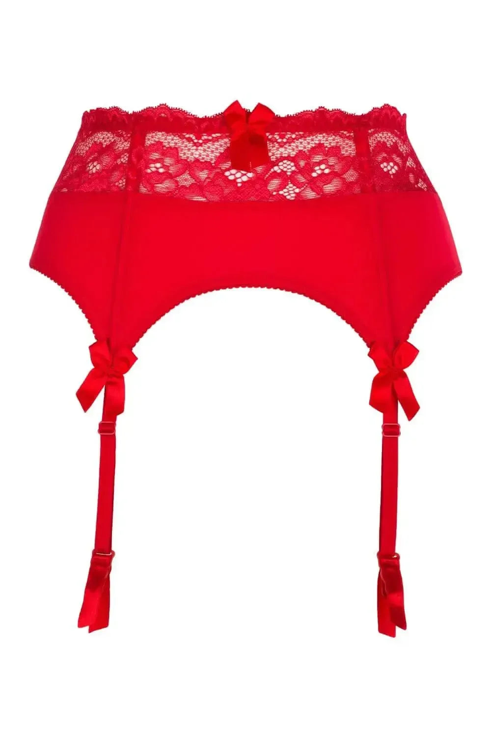 Elegant red lace Maisa garter belt with adjustable straps and charming bows, emphasizing hips.