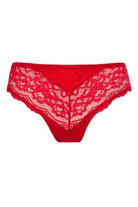 Red Maisa Lace Bikini Briefs with delicate lace, triangular tulle, and keyhole back with bow.
