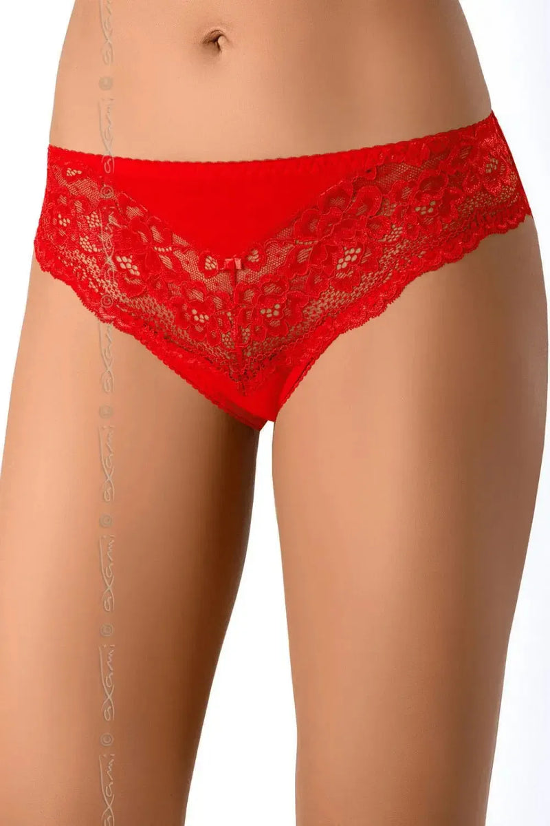 Sexy red Maisa lace bikini briefs with delicate lace and triangular tulle inserts, featuring a keyhole back.