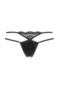 Seductive black Axami Maple Shiny Lollipop G-String with lace and shiny fabric, perfect for sensual discoveries.