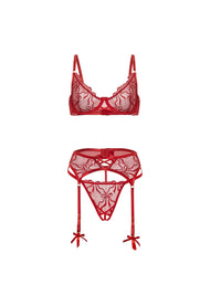 Oh la la Cheri Mariah Sheer Gartered Bra Set Red Bows