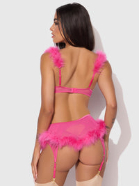 House of Desire Marilyn Marabou & Mesh Gartered Openable Bra Set Pink Dragon