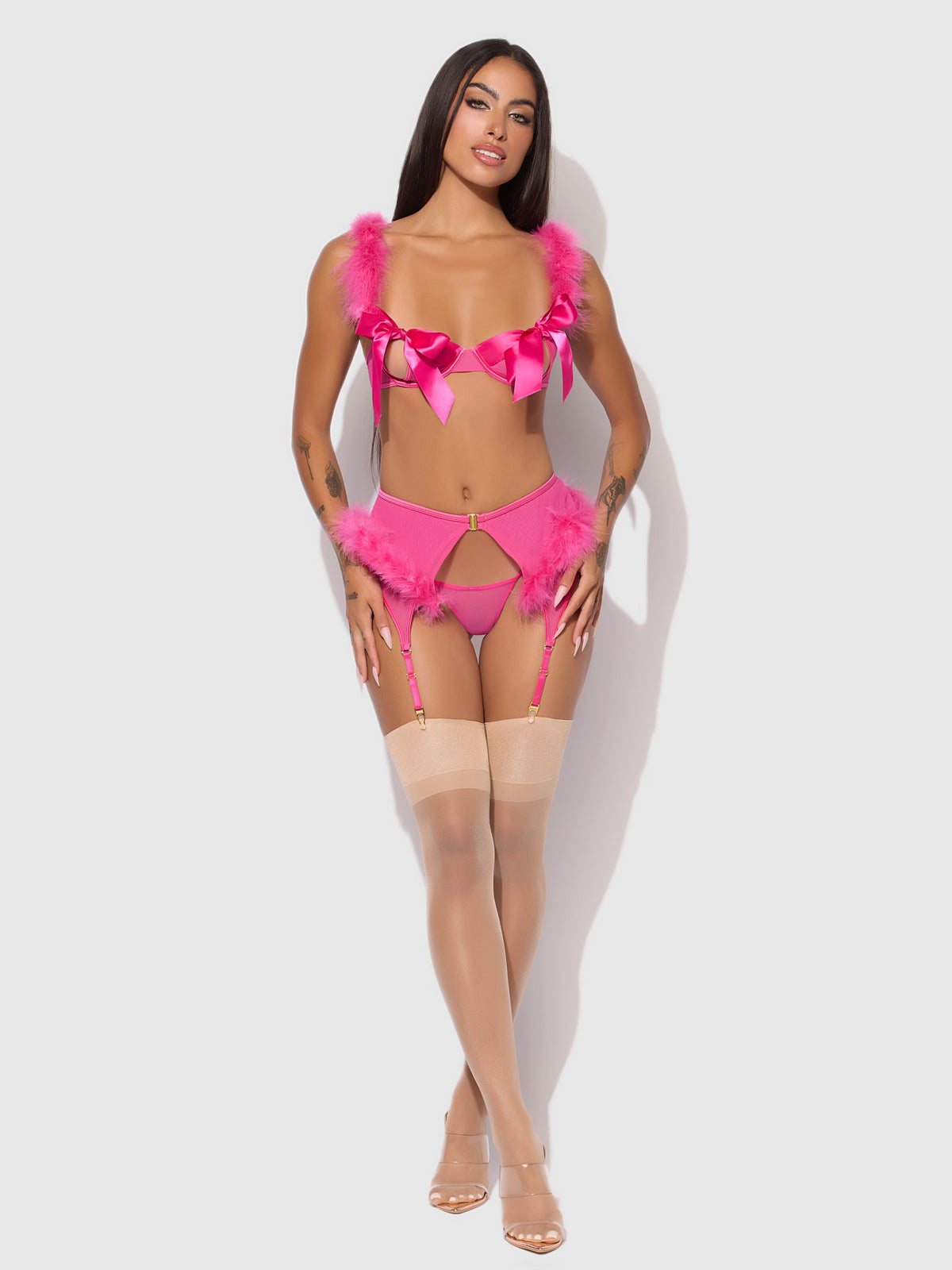 Marilyn Marabou & Mesh Gartered Openable Bra Set Pink Dragon