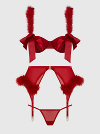 House of Desire Marilyn Marabou & Mesh Openable Cups Bra Set Crimson Red