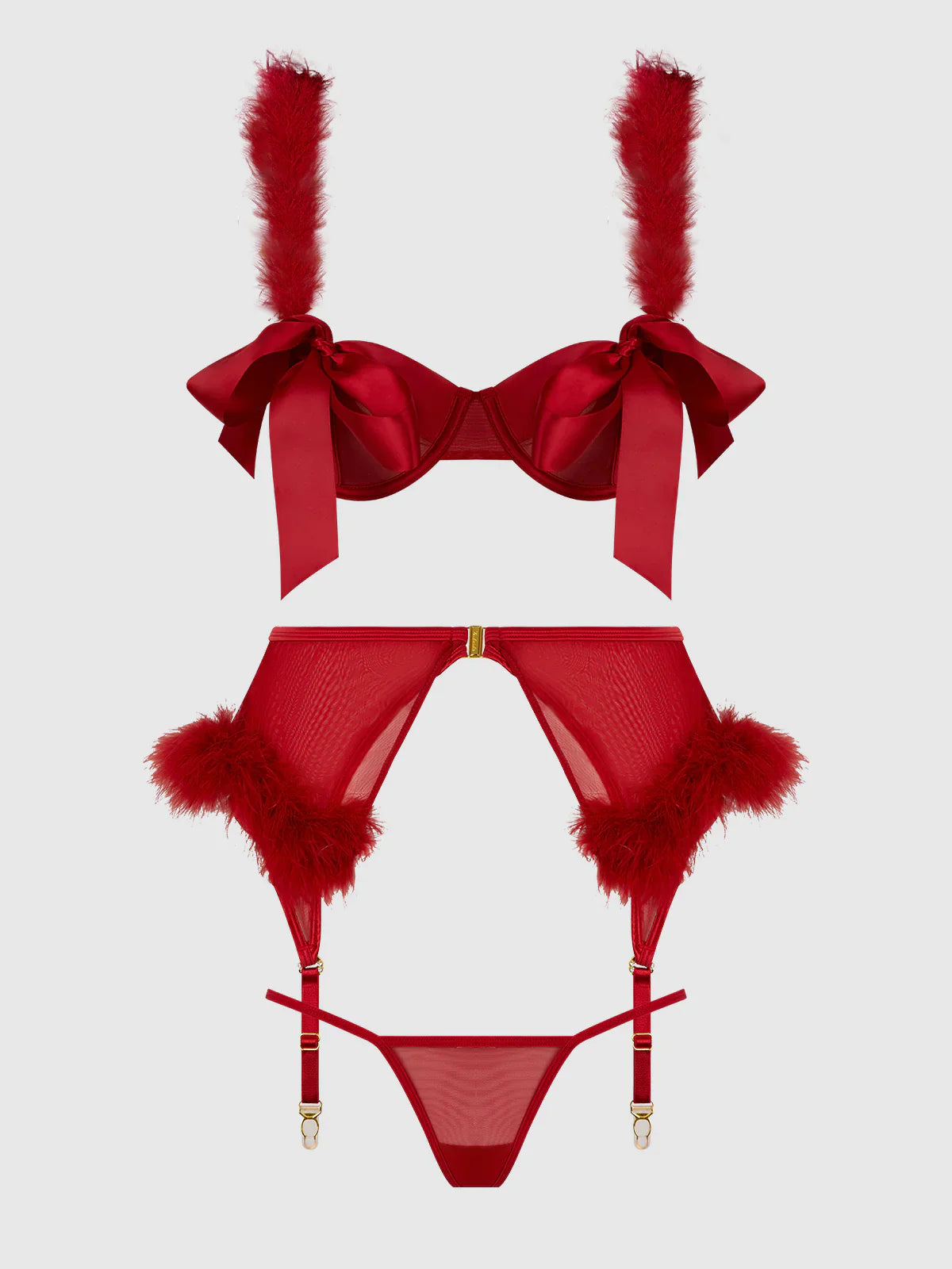 House of Desire Marilyn Marabou & Mesh Openable Cups Bra Set Crimson Red