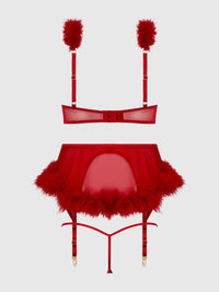 House of Desire Marilyn Marabou & Mesh Openable Cups Bra Set Crimson Red