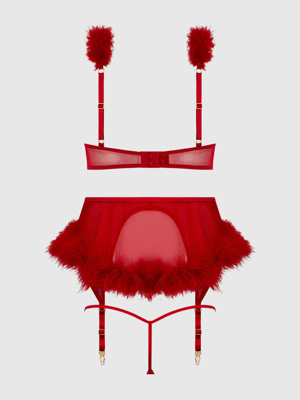 House of Desire Marilyn Marabou & Mesh Openable Cups Bra Set Crimson Red