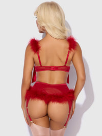 House of Desire Marilyn Marabou & Mesh Openable Cups Bra Set Crimson Red