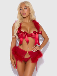 House of Desire Marilyn Marabou & Mesh Openable Cups Bra Set Crimson Red