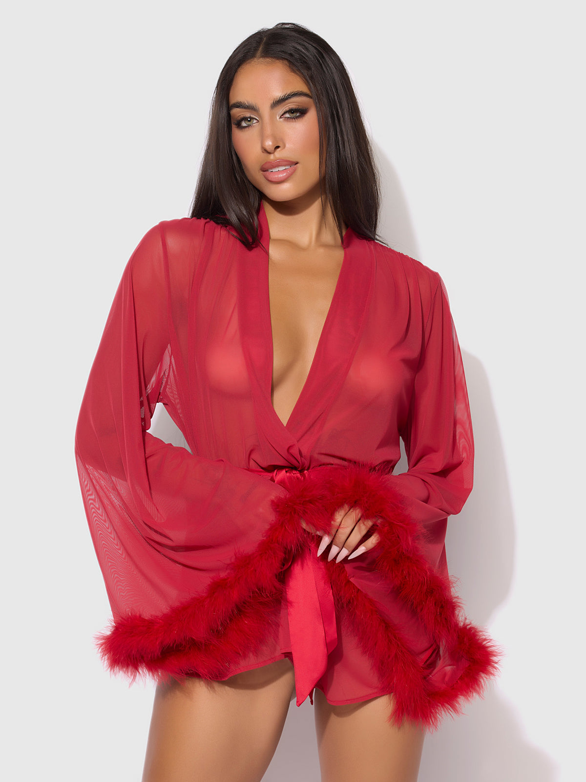 Marilyn Mesh & Feathers Short Robe Crimson Red