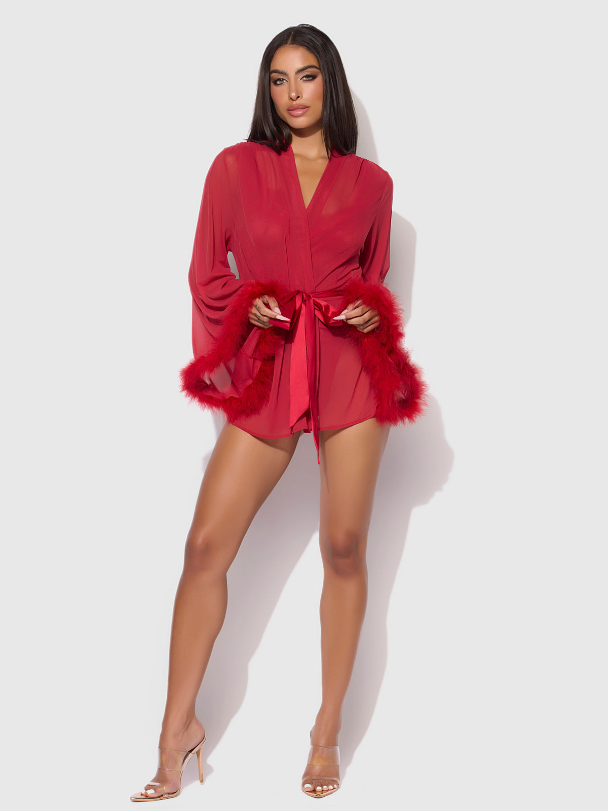 Marilyn Mesh & Feathers Short Robe Crimson Red