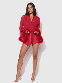 House of Desire Marilyn Mesh & Feathers Short Robe Crimson Red