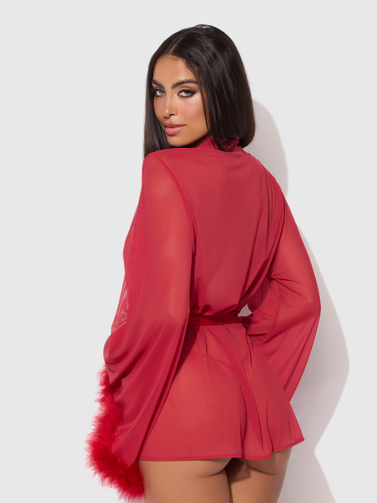Marilyn Mesh & Feathers Short Robe Crimson Red