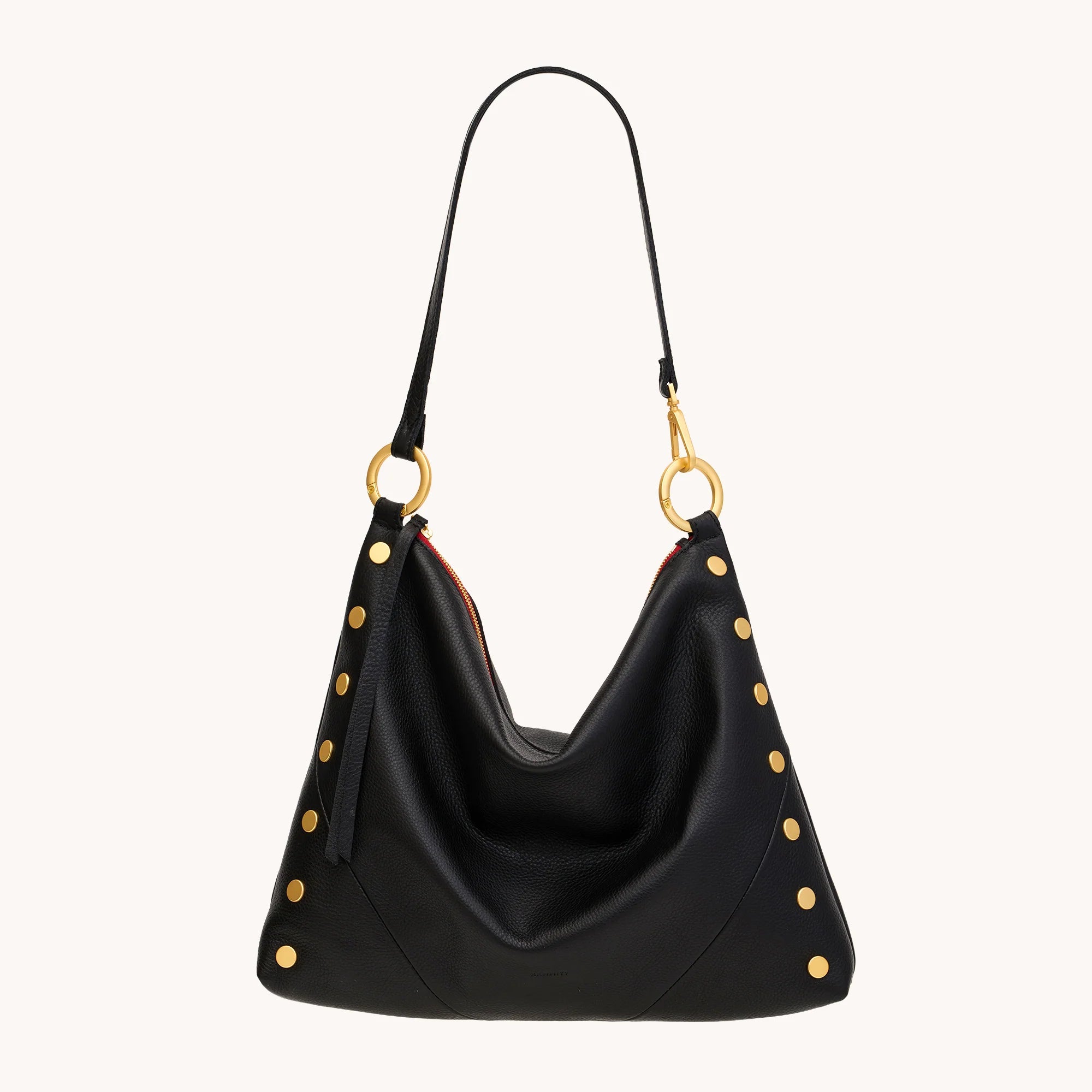 HAMMITT Kyle Lrg Leather Shoulder Handbag Black/Brushed Gold Red Zip