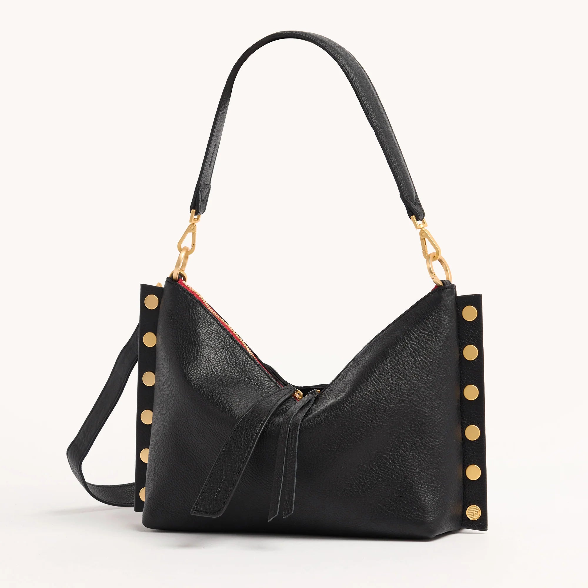 Hammitt Mr. G Med Leather Shoulder Bag Black/Brushed Gold Red Zip-Rebel Romance