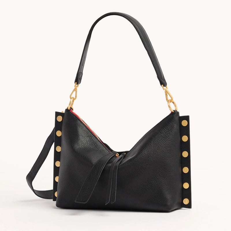 Hammitt Mr. G Med Leather Shoulder Bag Black/Brushed Gold Red Zip-Rebel Romance