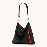 HAMMITT Kyle Lrg Leather Shoulder Handbag Black/Brushed Gold Red Zip