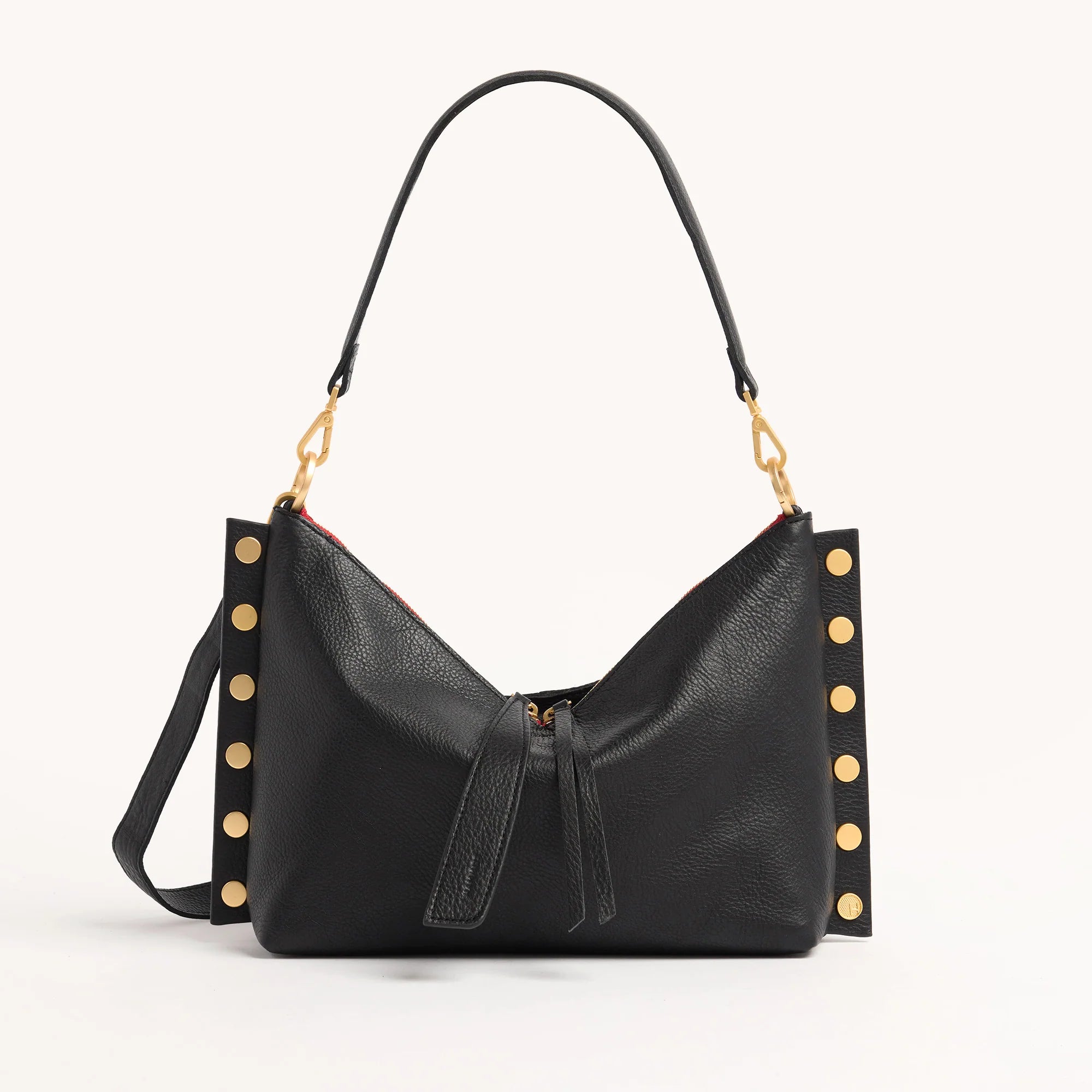 Hammitt Mr. G Med Leather Shoulder Bag Black/Brushed Gold Red Zip-Rebel Romance