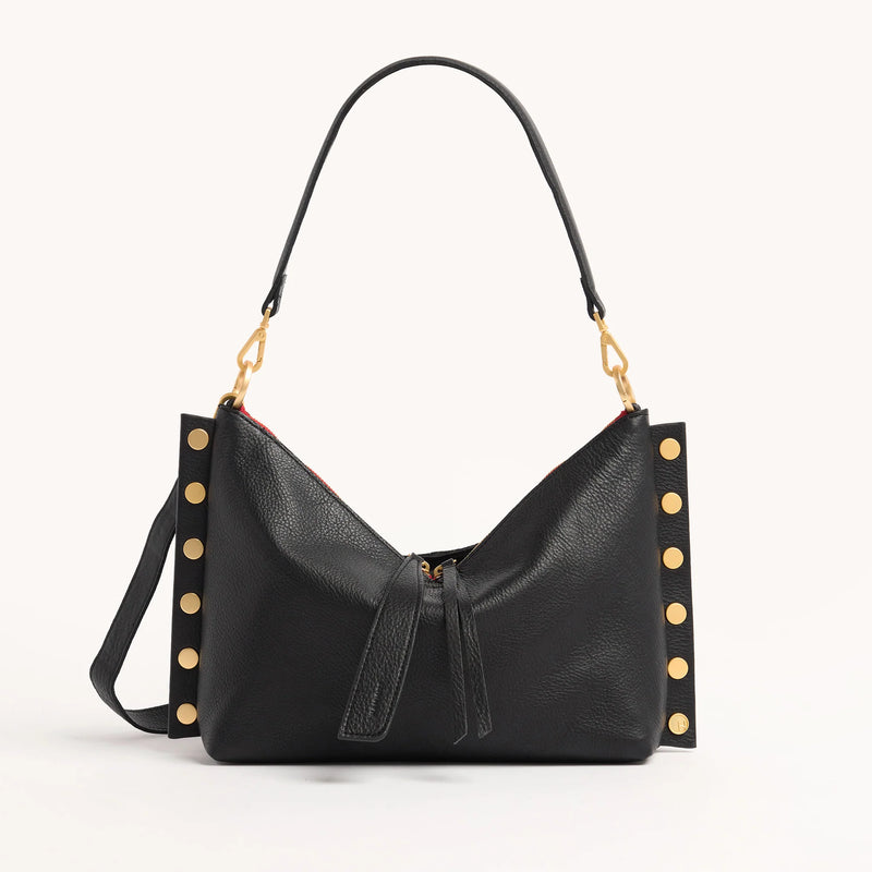 Hammitt Mr. G Med Leather Shoulder Bag Black/Brushed Gold Red Zip-Rebel Romance