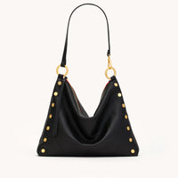 HAMMITT Kyle Lrg Leather Shoulder Handbag Black/Brushed Gold Red Zip